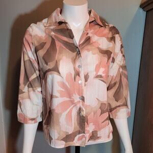 Floral Button Down Blouse Petite 6P Metallic Thread Lightweight Spring Top